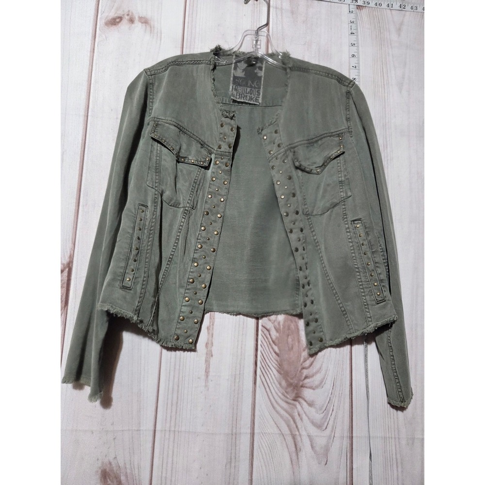 Young Fabulous & Broke Women's Distressed Open Front Denim Jacket Green Size XS